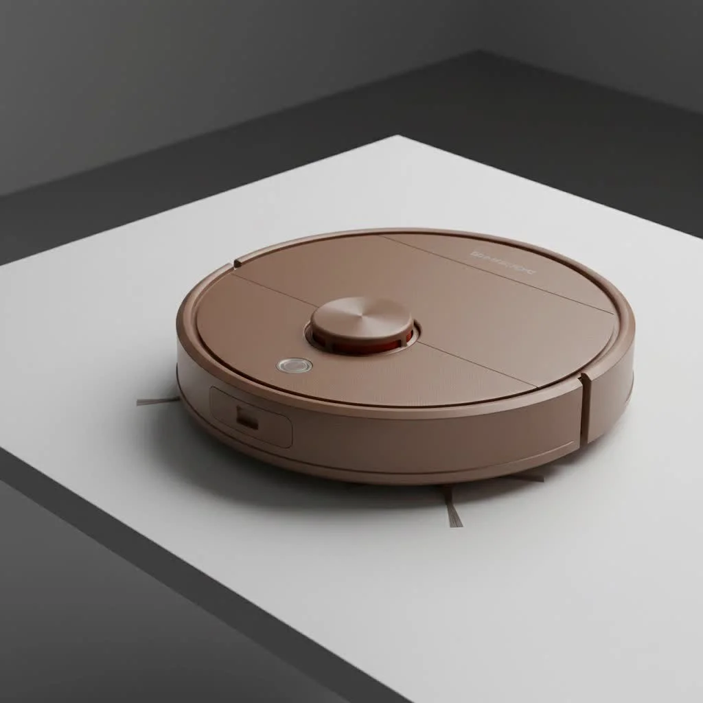Neato D-shaped robot vacuum cleaning a living room floor