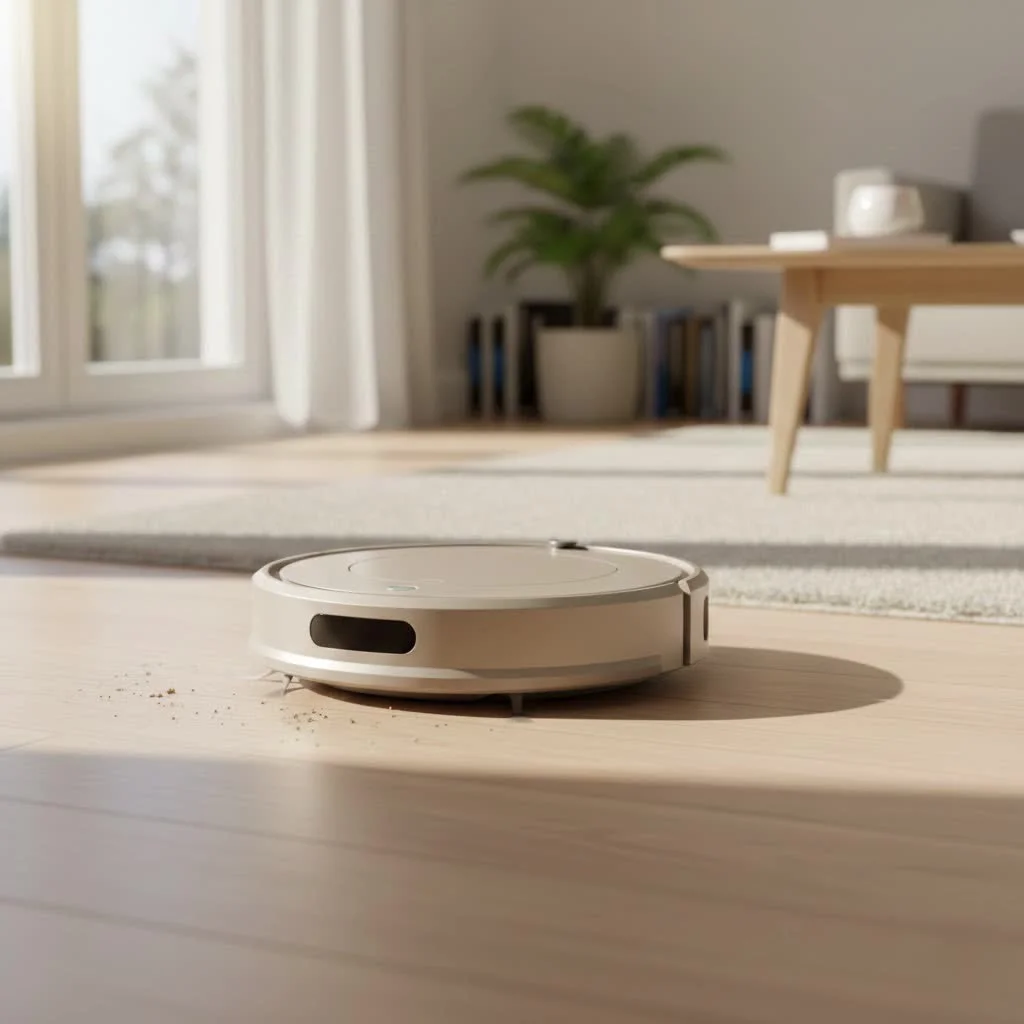 Robot vacuum cleaning pet hair from a living room floor