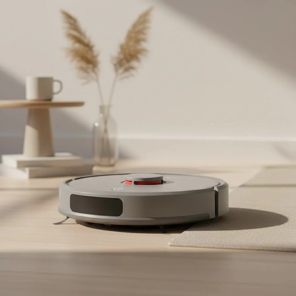 A budget robot vacuum cleaning a living room floor
