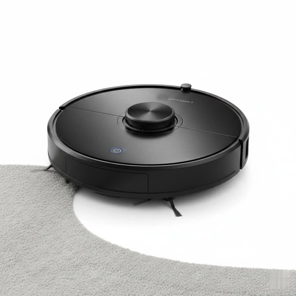 Robot vacuum cleaning a modern living room floor
