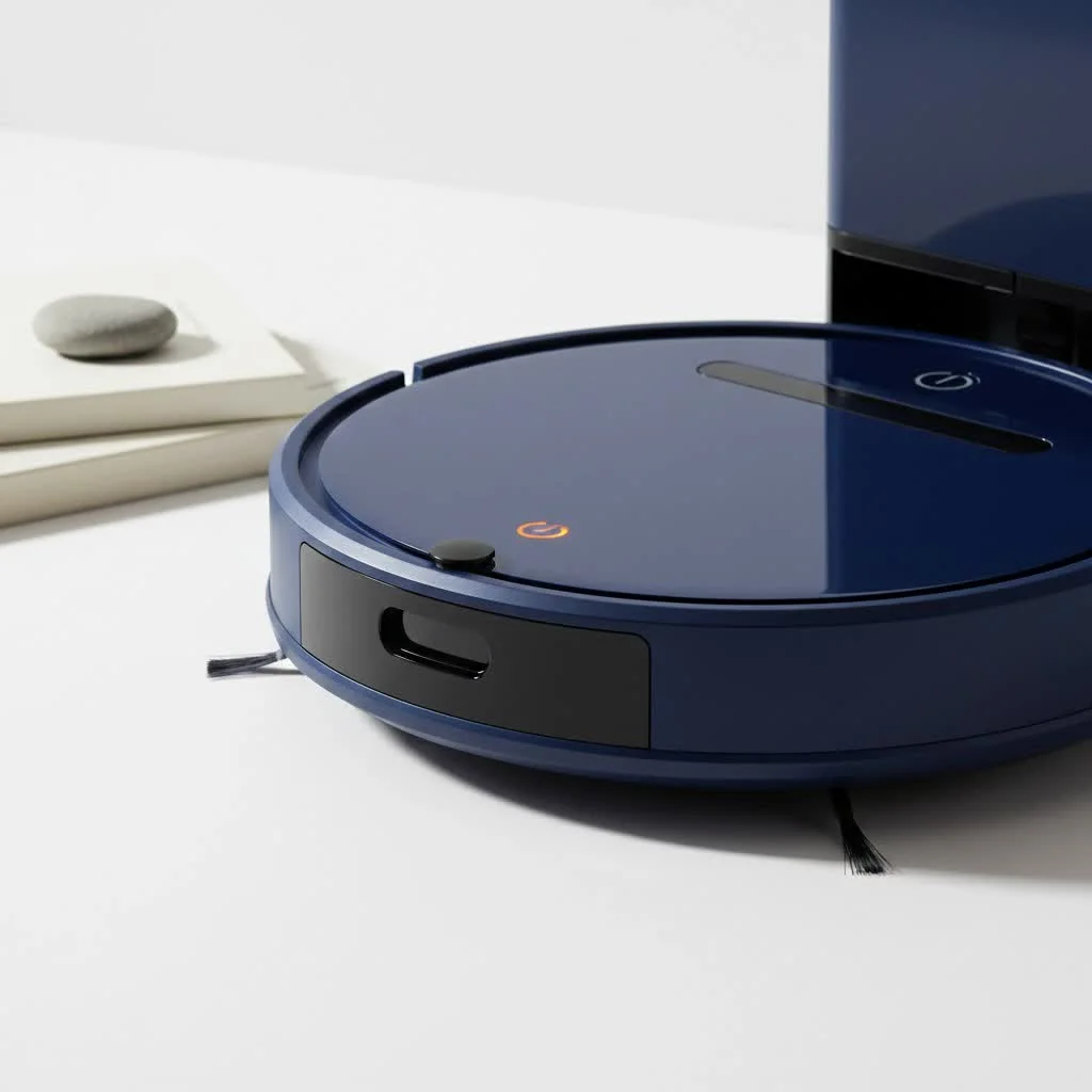 Robot vacuum cleaning pet hair from a living room floor