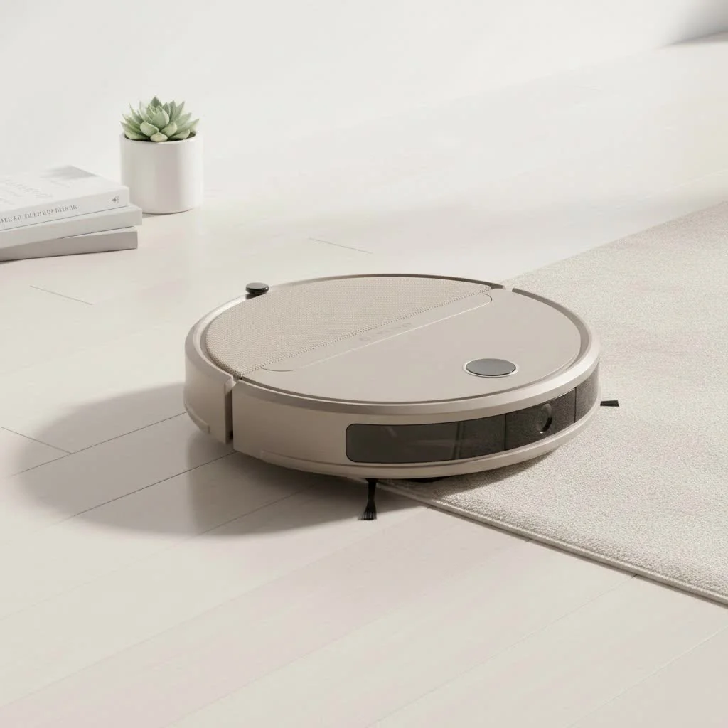 Robot vacuum cleaning a modern living room