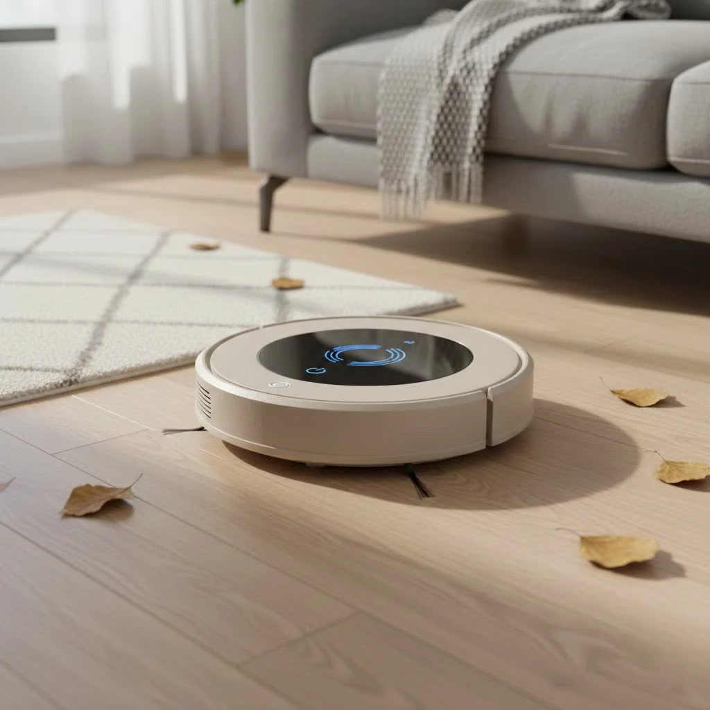 Brookstone robot vacuum cleaning a modern living room floor
