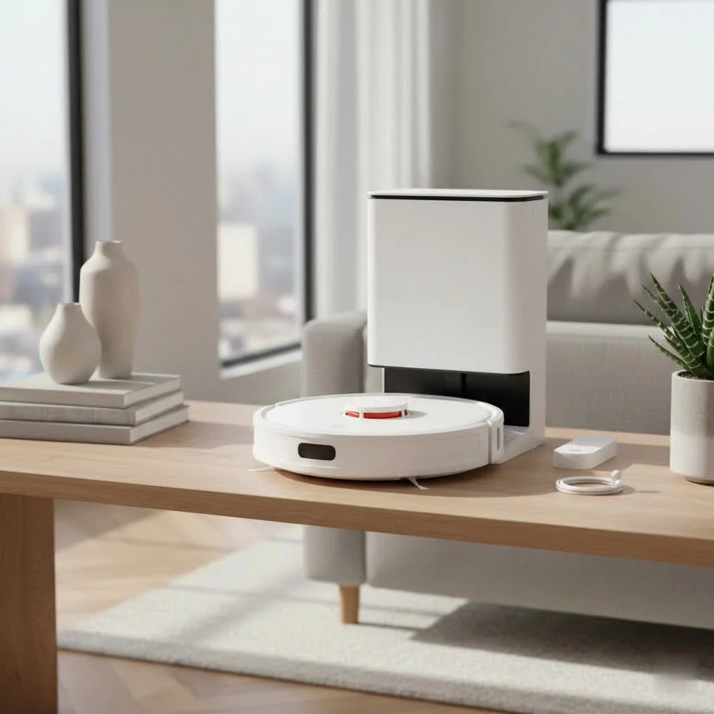 Robot vacuum and mop cleaning a modern living room floor