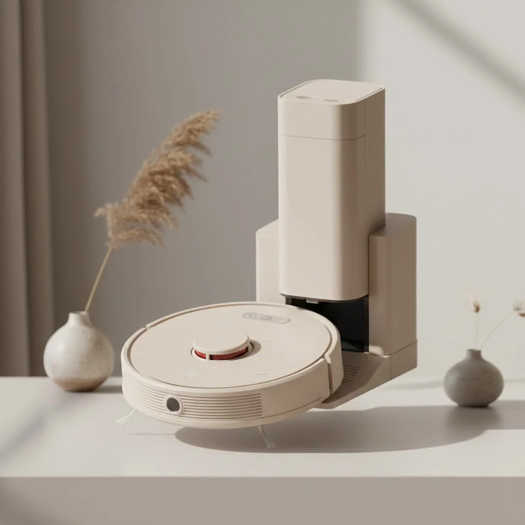 Shark vacuum and mop robot cleaning a modern living room