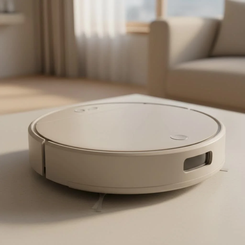 Robot vacuum cleaning a modern living room floor