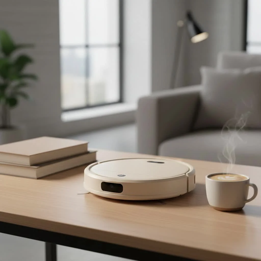 Robot vacuum cleaning a modern living room floor