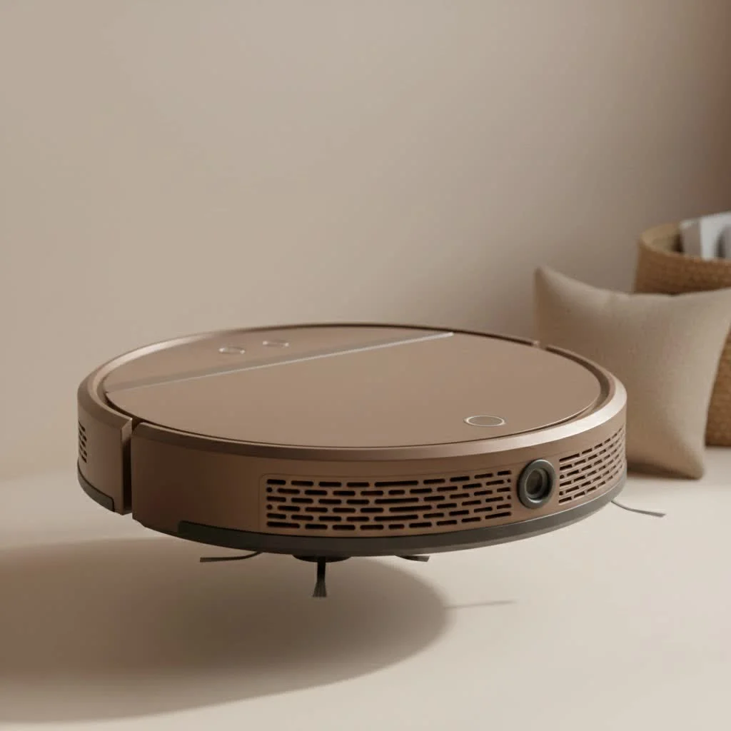 Automatic vacuum cleaner robot cleaning a modern living room
