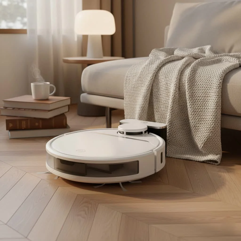 Robot vacuum cleaning a gleaming hardwood floor