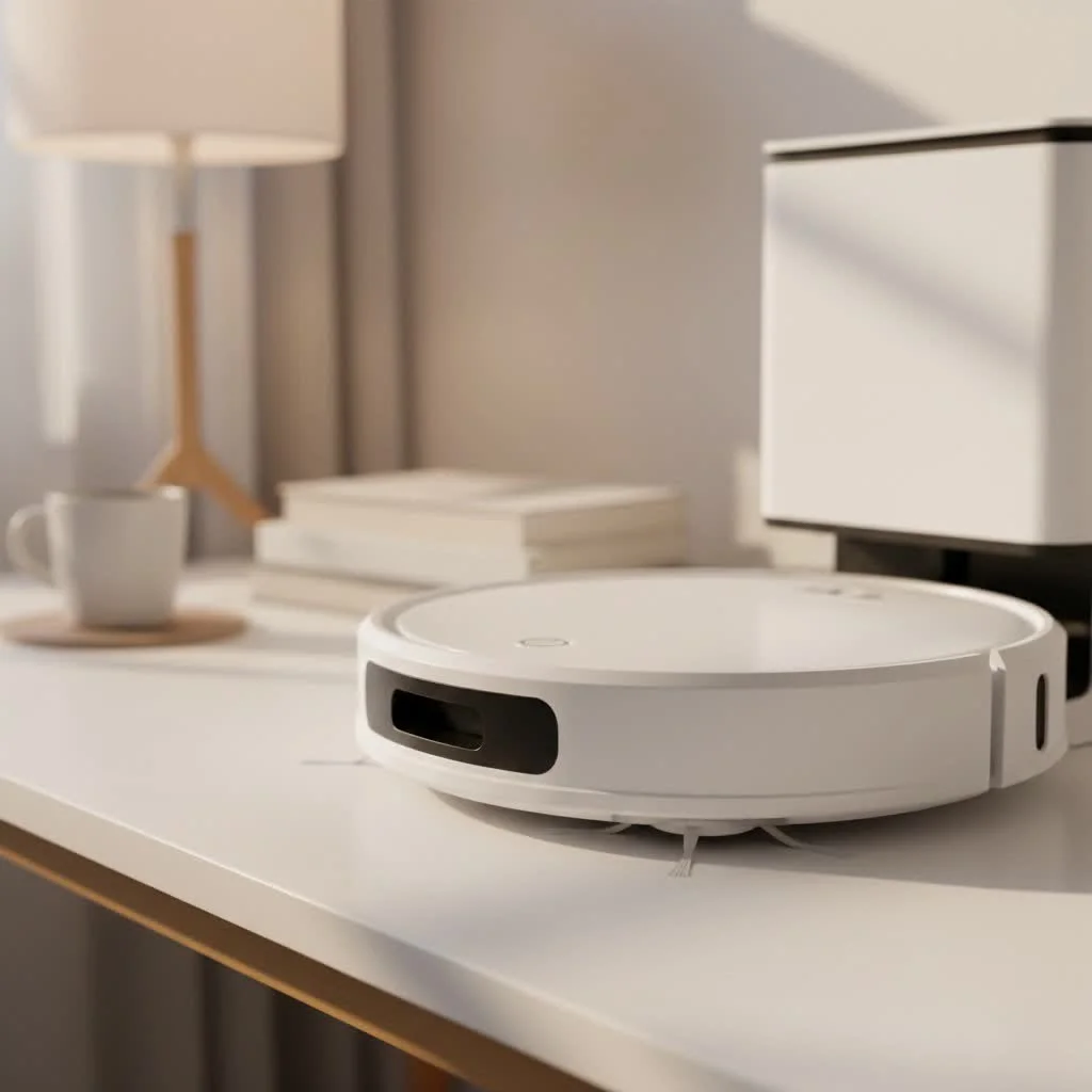 Robot vacuum cleaning a modern living room floor