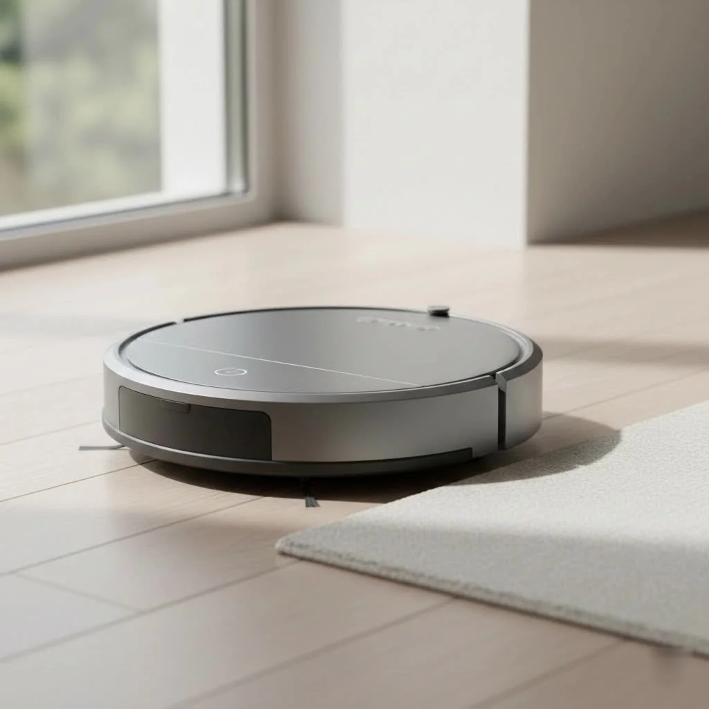 Robot vacuum cleaning dog hair from a living room floor