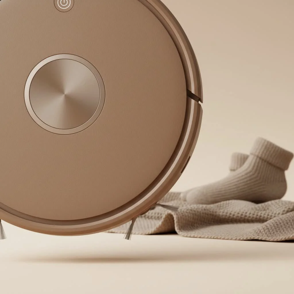Robot vacuum cleaning a plush carpet in a modern living room