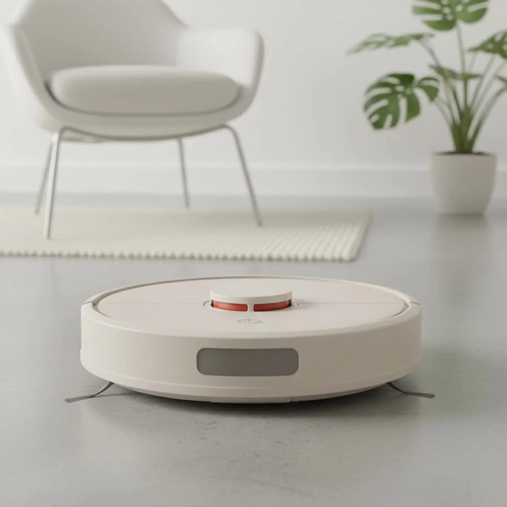 Robot vacuum cleaning a living room floor with a dog resting nearby