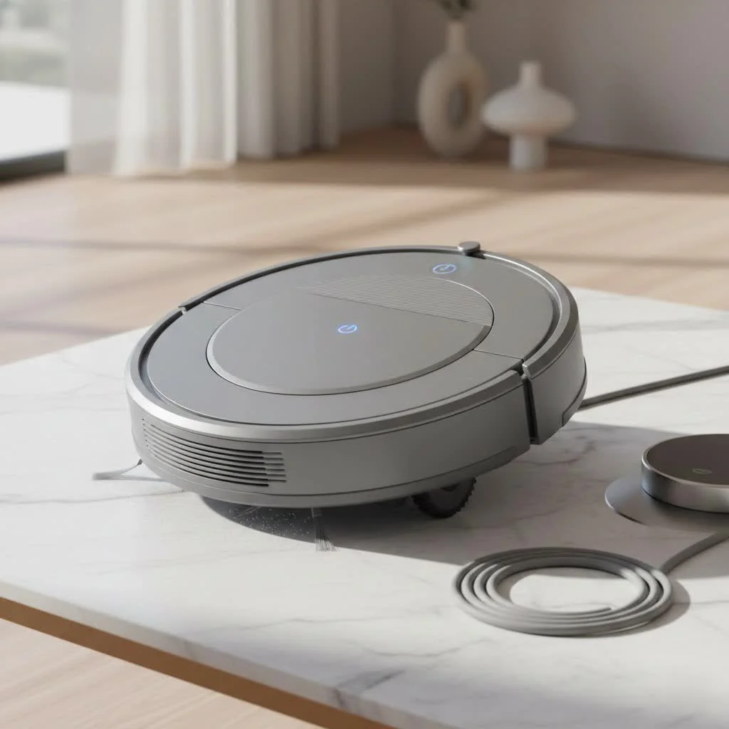 Robot vacuum cleaning dog hair from a carpet