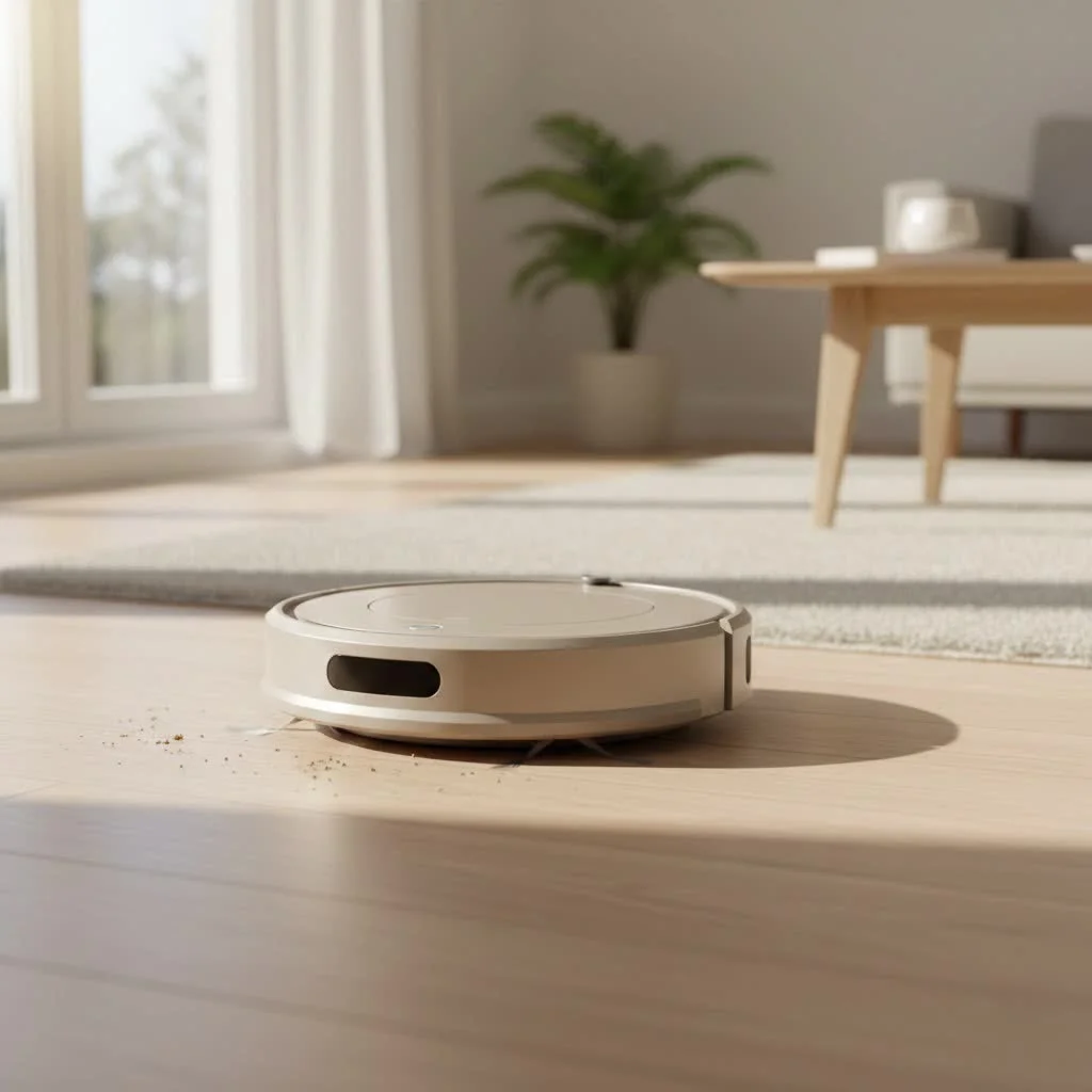 Robot vacuum cleaning a modern living room