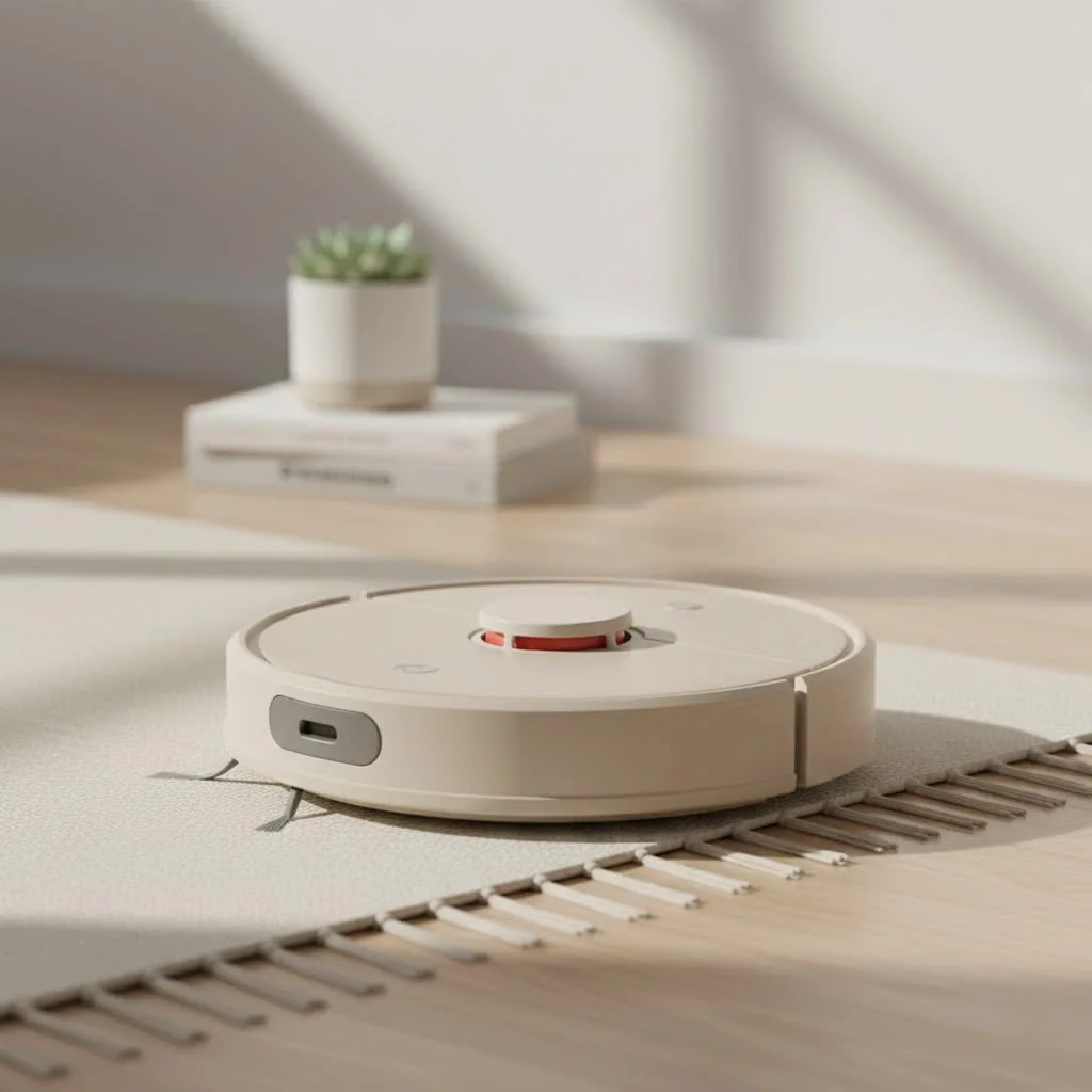 Robot vacuum cleaning a pristine hardwood floor