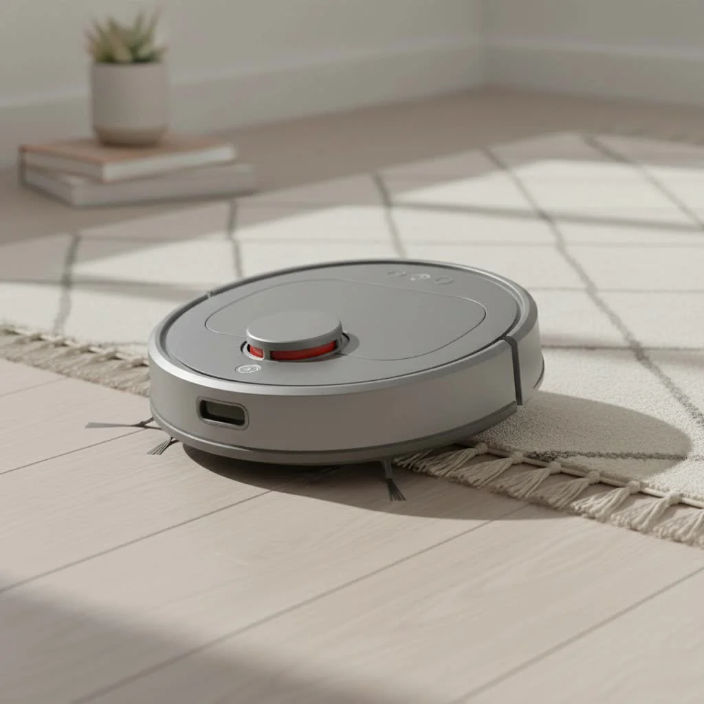 Robot vacuum cleaning a modern living room floor