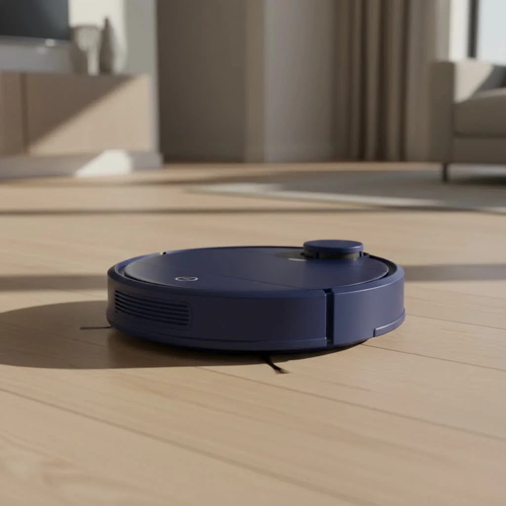 Robot vacuum cleaning a modern living room floor