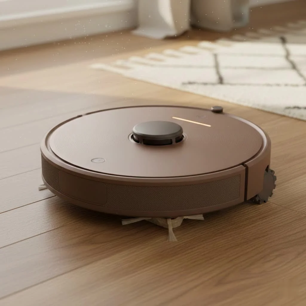 Robot vacuum cleaning a living room quietly