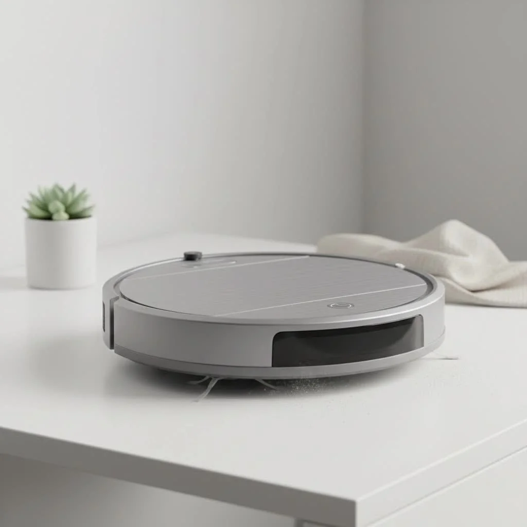 Robot vacuum and mop cleaning a floor with a pet nearby
