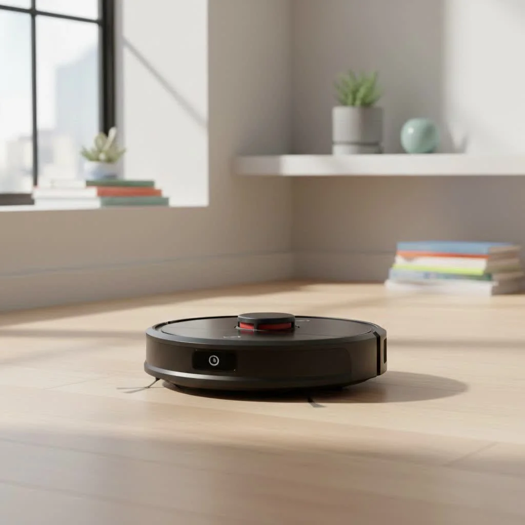 Robot vacuum mop cleaning a modern living room floor